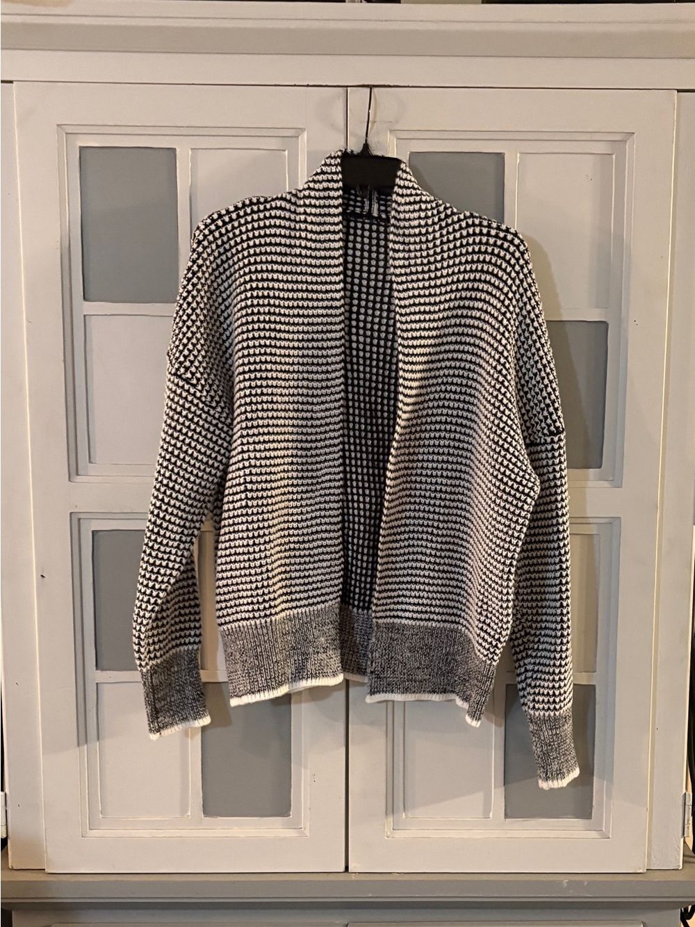 Open-Front Black & White Knit Cardigan Sweater